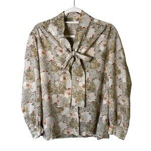 Vintage Retro Floral Print Women's Blouse with Bow Tie Size XL Cottagecore